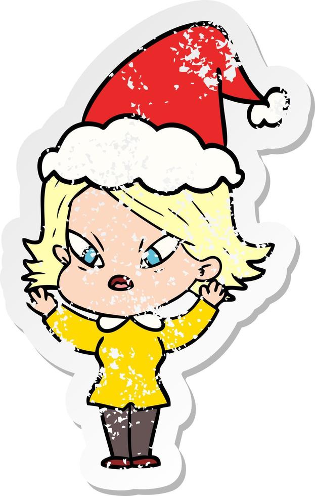 beunruhigter Aufkleber-Cartoon einer gestressten Frau mit Weihnachtsmütze vektor