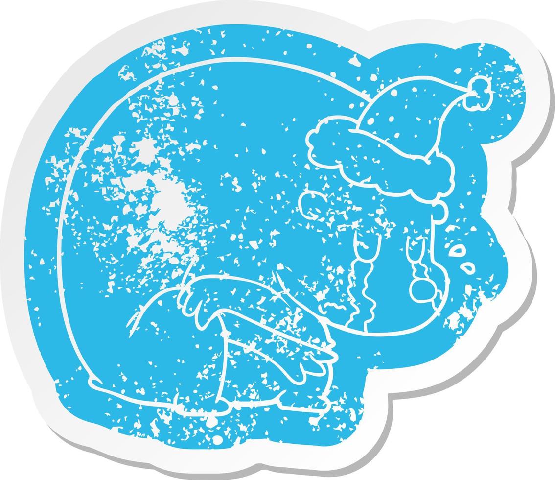 gråtande tecknad nödställd klistermärke av en isbjörn som bär tomtehatt vektor