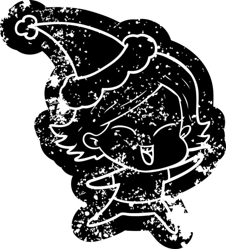 Fröhliche Cartoon-Distressed-Ikone eines Mädchens mit Weihnachtsmütze vektor