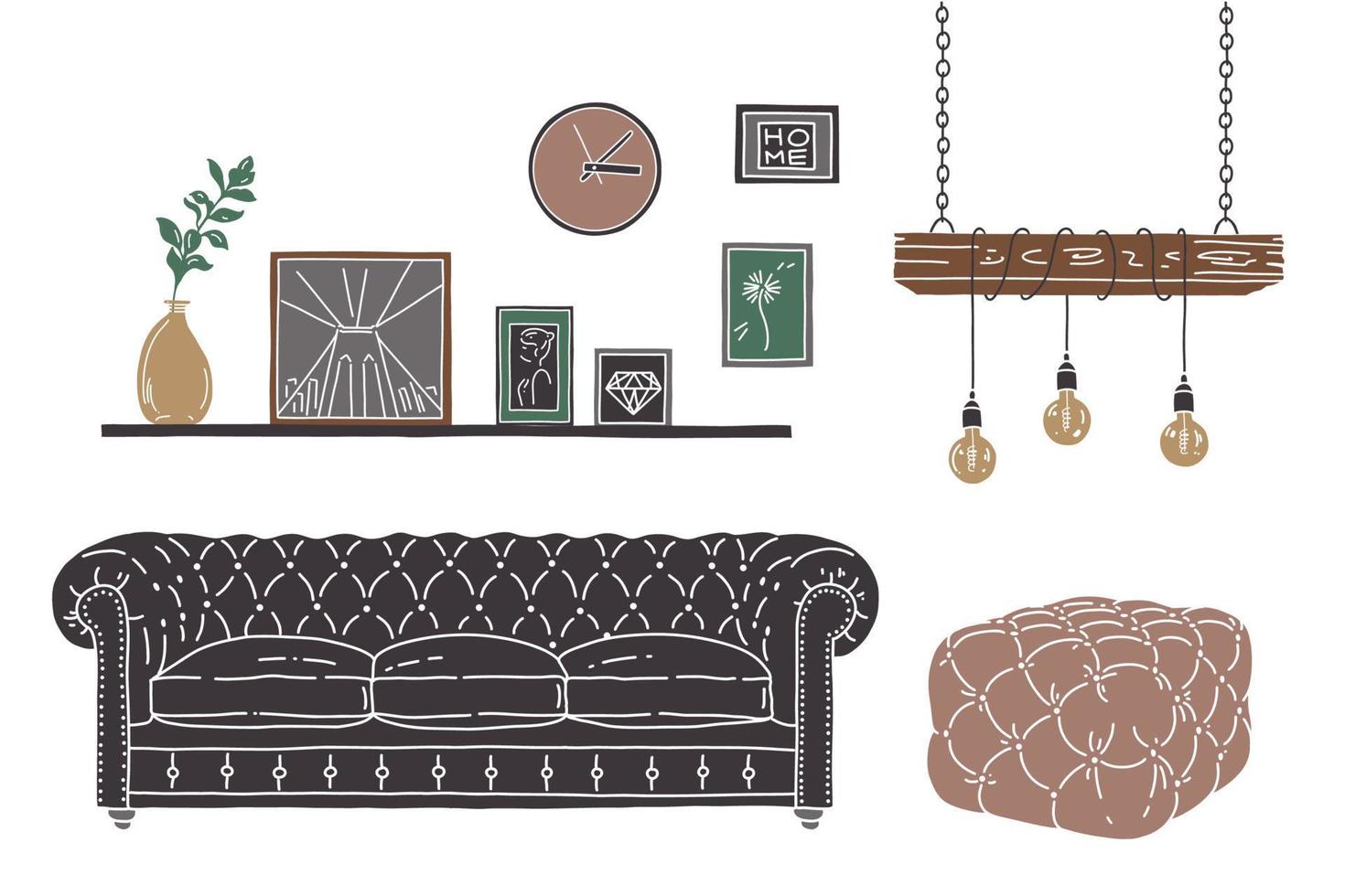 platt illustration av inre rum. vektor skiss med grå soffa, sittpuff, lampa, tavelram. inredning i loftstil.