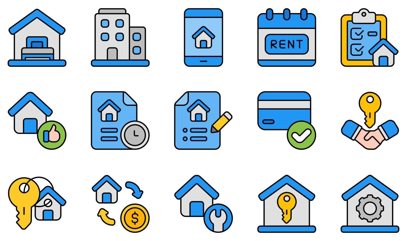 Satz von Vektorsymbolen im Zusammenhang mit Mietobjekten. enthält Symbole wie Unterkunft, Wohnung, App, Checkliste, Kontakte, Deal und mehr. vektor