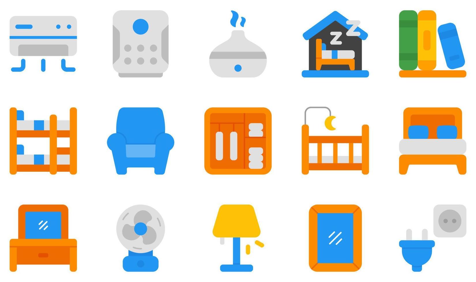 Reihe von Vektorsymbolen im Zusammenhang mit Schlafzimmer. enthält Symbole wie Schlafzimmer, Buch, Etagenbett, Schrank, Stuhl, Kommode und mehr. vektor