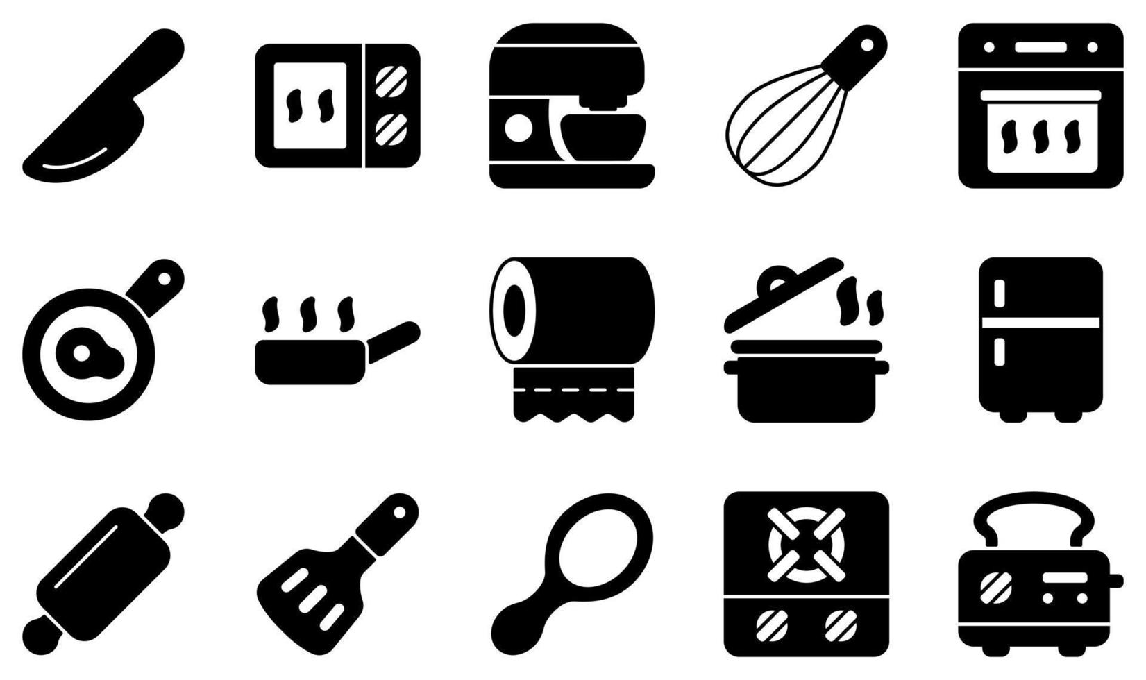 Reihe von Vektorsymbolen im Zusammenhang mit der Küche. enthält Symbole wie Messer, Mikrowelle, Mixer, Ofen, Pfanne, Papiertücher und mehr. vektor