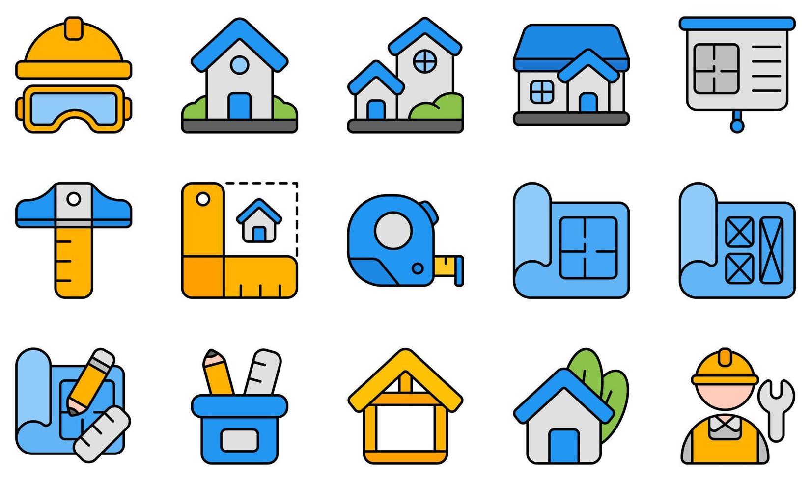 uppsättning vektor ikoner relaterade till arkitektur. innehåller sådana ikoner som hjälm, hus, husplan, mått, prototyp, arbetare och mer.