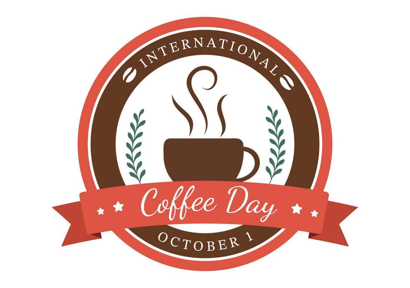 internationella kaffedagen den 1 oktober handritad platt tecknad filmillustration med kakaobönor och ett glas varm dryck design vektor