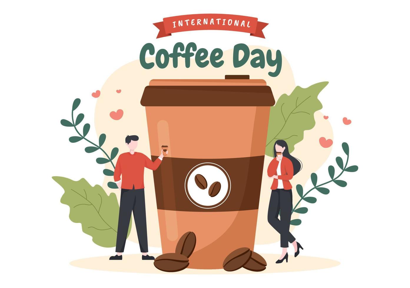internationaler kaffeetag am 1. oktober flache karikaturillustration hand gezeichnet mit kakaobohnen und leuten, die eine tasse im café trinken vektor