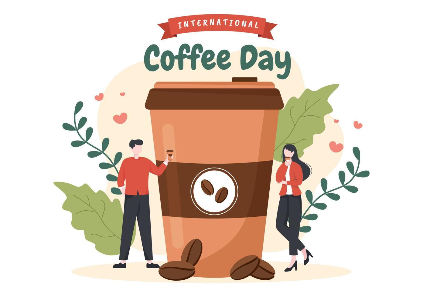 internationella kaffedagen den 1 oktober platt tecknad illustration handritad med kakaobönor och människor som dricker en kopp på café vektor