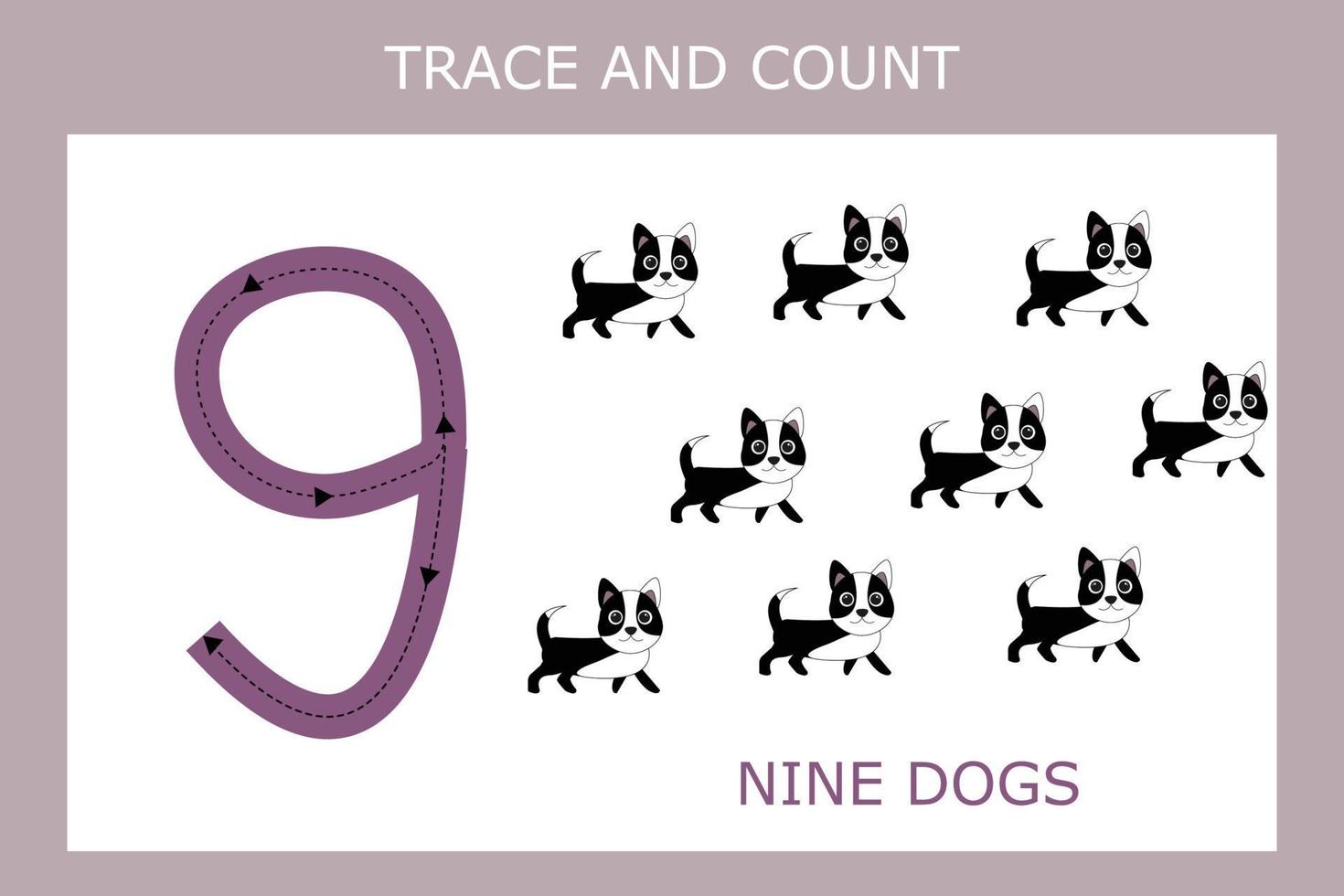 kalkylblad nummer nio med hundar för barn med finmotorik. pedagogiskt spel för förskolebarn. vektor