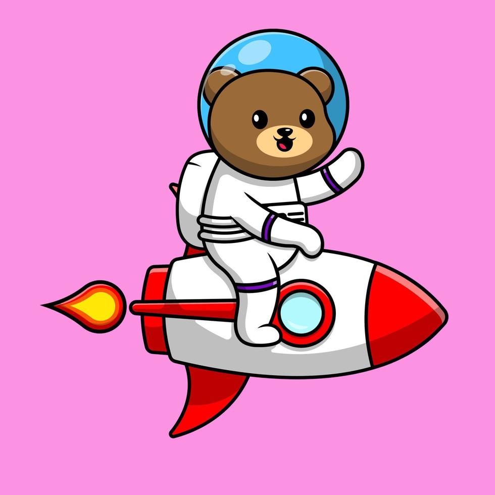 söt björn astronaut rider raket och viftande hand tecknad vektor ikonillustration. djurteknik platt tecknad koncept