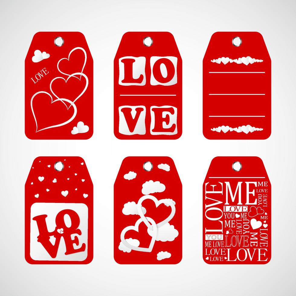 sammlung von glücklichen valentinstag-geschenkanhängern. satz von handgezeichneten feiertagsetiketten in weiß und rot. romantisches Abzeichen-Design vektor