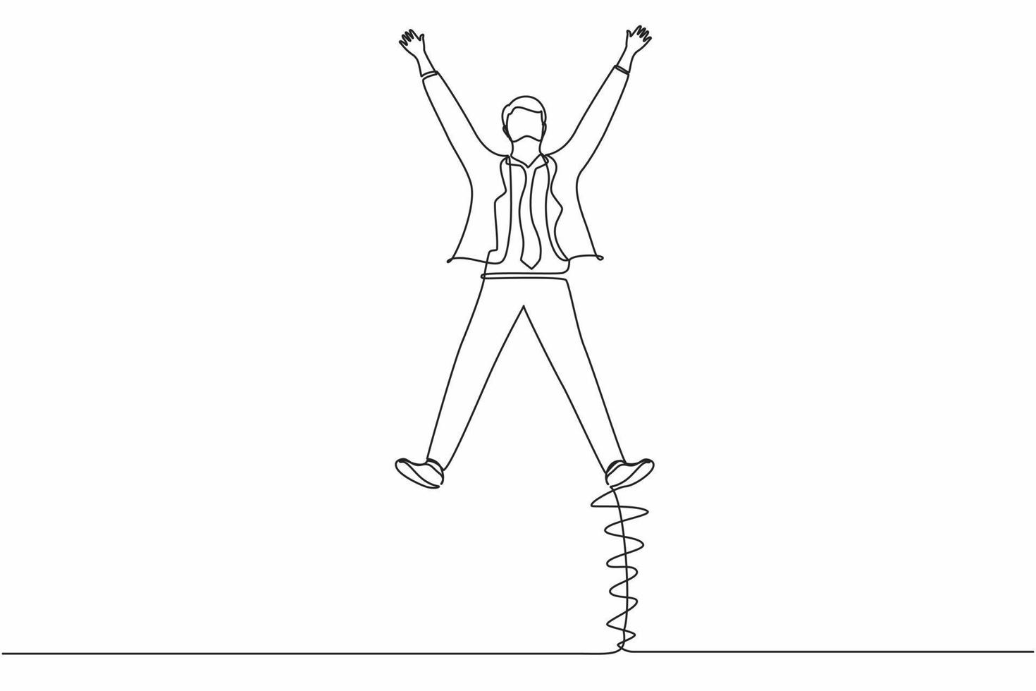 kontinuerlig en rad ritning glad affärsman hoppar med sprida sina armar och ben. ung kontorsarbetare fira framgången för företagets projekt. enda rad rita design vektorgrafisk illustration vektor