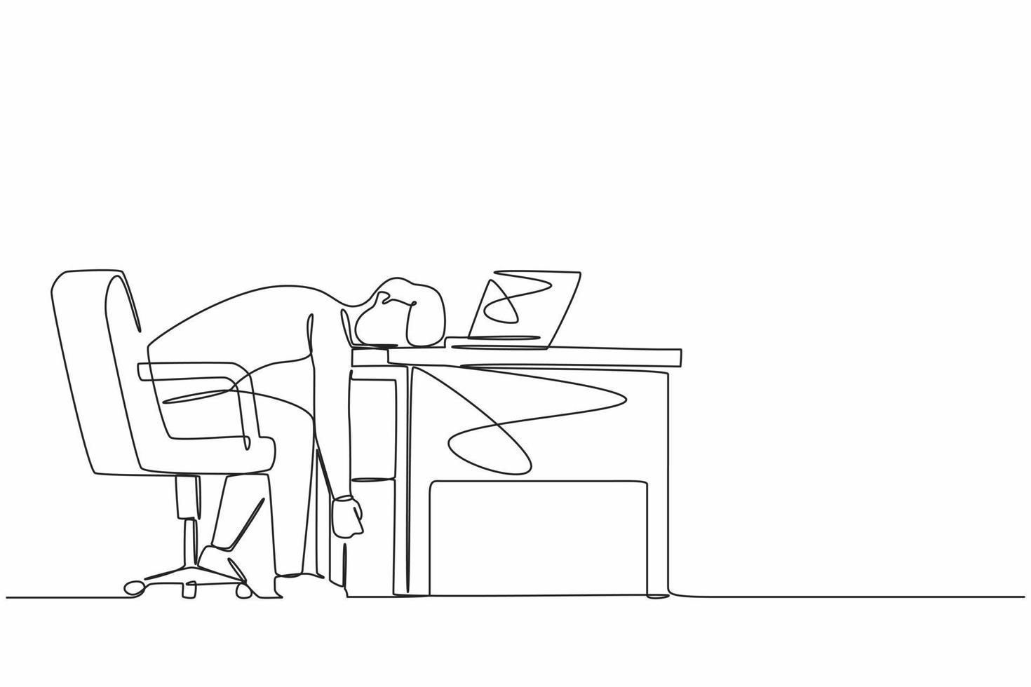 kontinuerlig en rad ritning professionellt utbrändhetssyndrom. utmattad sjuk trött manlig chef på kontoret ledsen tråkig sitter med huvudet ner på laptop. enda rad rita design vektorgrafisk illustration vektor