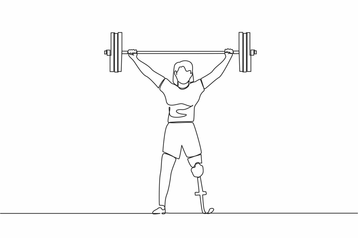 kontinuierliche eine Linie, die stark behinderte Bodybuilder-Sportlerin zeichnet, die schwere Langhanteln über ihren Kopf hebt. Gewichthebersport für Behinderte. einzeiliges zeichnen design vektorgrafik illustration vektor
