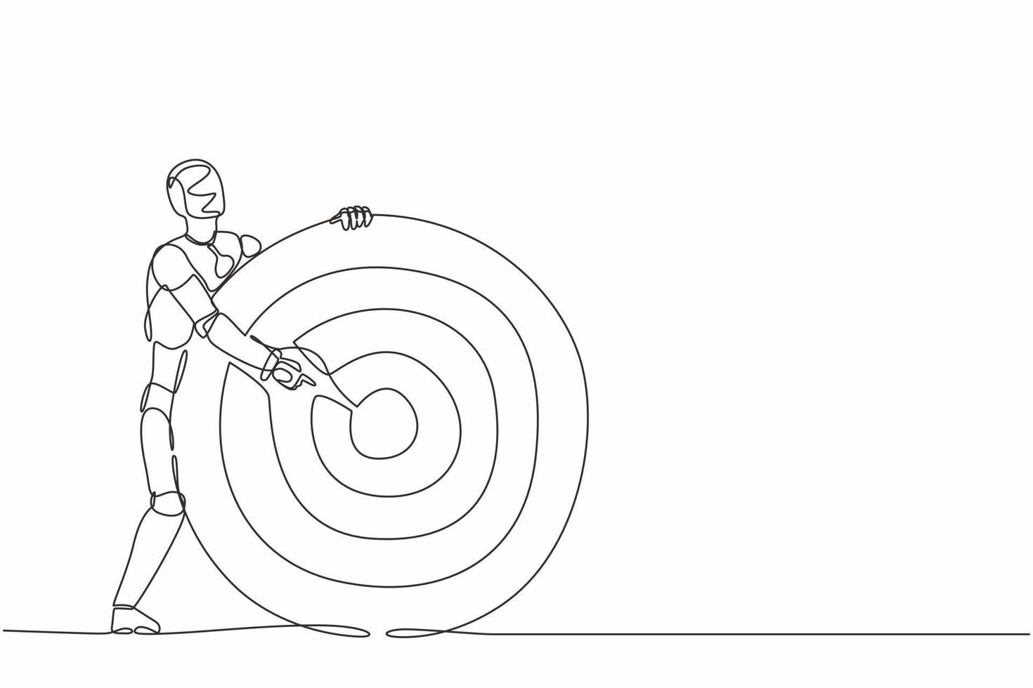 ein Strichzeichnungsroboter, der Bogenschützenziel oder Dartscheibe hält und auf Bullseye zeigt. Zukunfts-Technologie. künstliche Intelligenz und maschinelles Lernen. durchgehende Liniendesign-Vektorillustration vektor