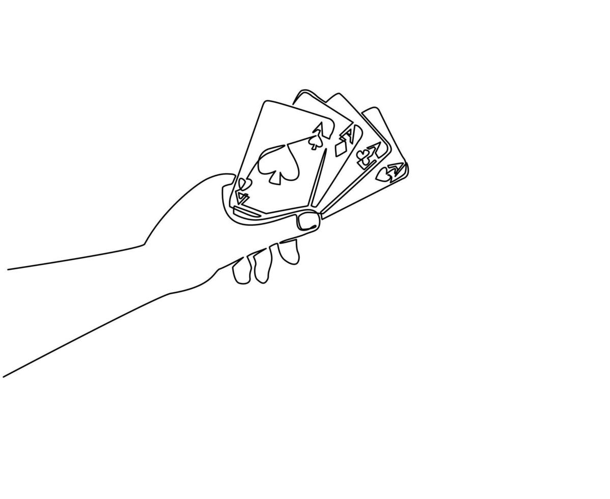 enda en rad ritning hand som håller fyra ess, poker spelkort koncept. handen håller spelkort - spader, hjärtan, ruter och klöver. symbol för pokerspel. kontinuerlig linje rita design grafisk vektor