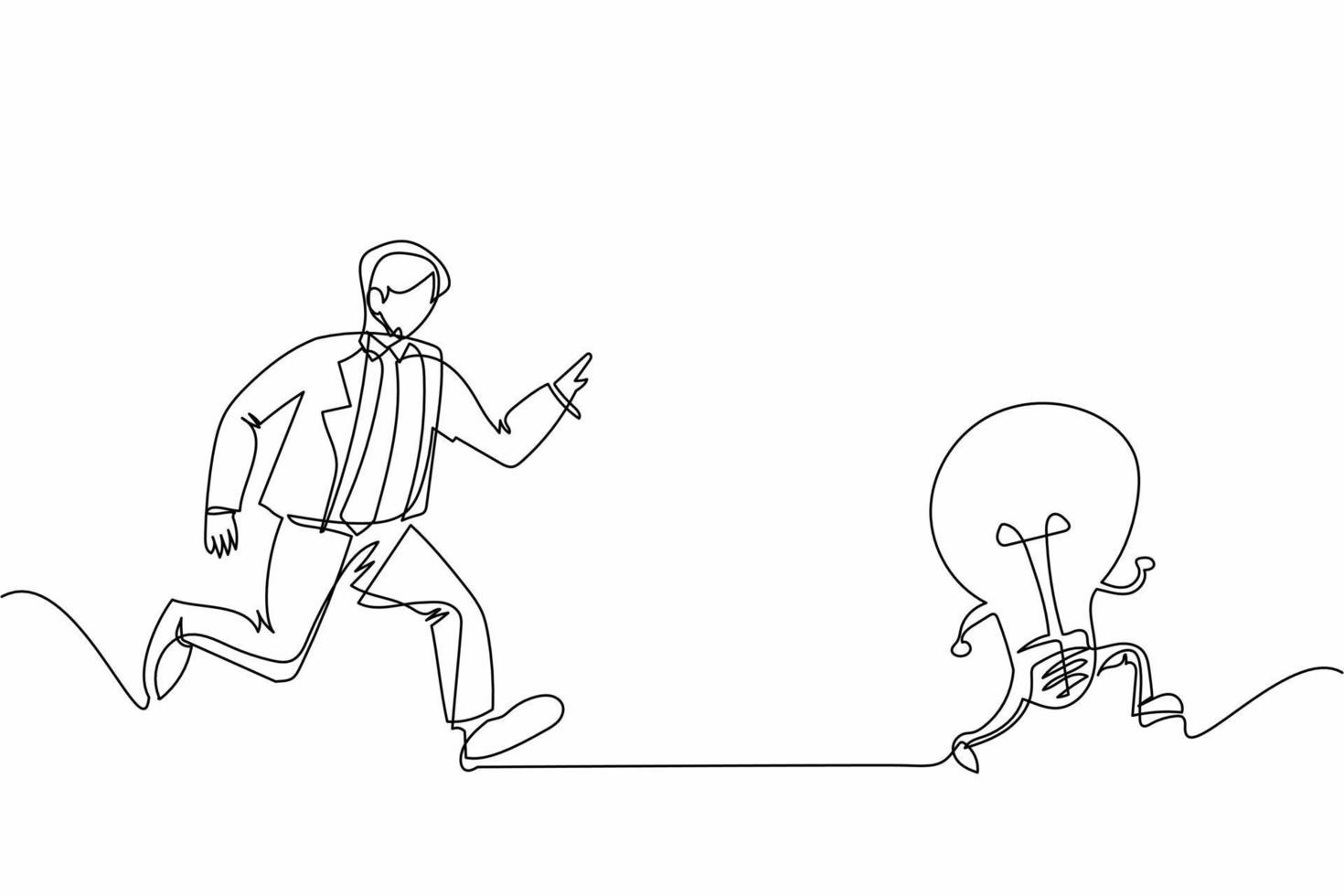fortlaufende einzeilige zeichnung geschäftsmann laufen jagen versuchen, idee glühbirne zu fangen. konzept von kreativität, wettbewerb und innovation. Geschäftsmetapher. Vektorgrafik-Illustration für einzeiliges Design vektor