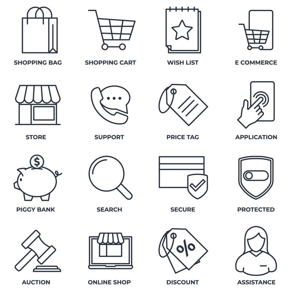 uppsättning e-handel ikon logotyp vektorillustration. kundvagn, önskelista, spargris, sök, säker, skyddad sköld och mer pack symbolmall för grafik- och webbdesignsamling vektor