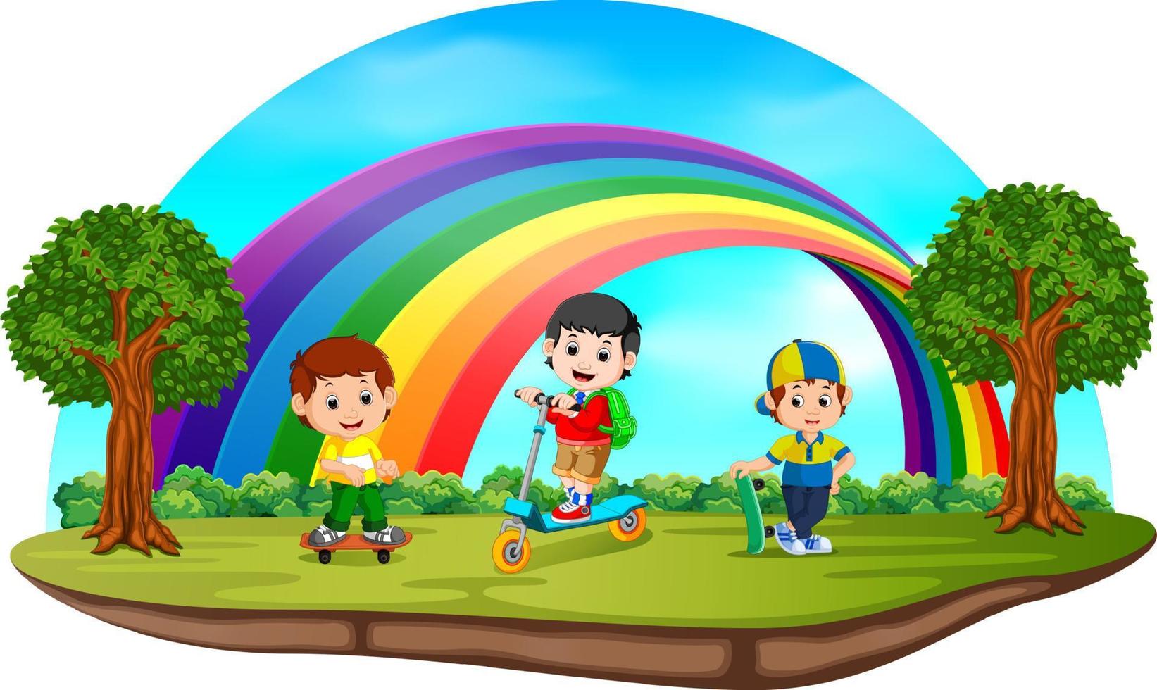kinder spielen am regenbogentag im park vektor