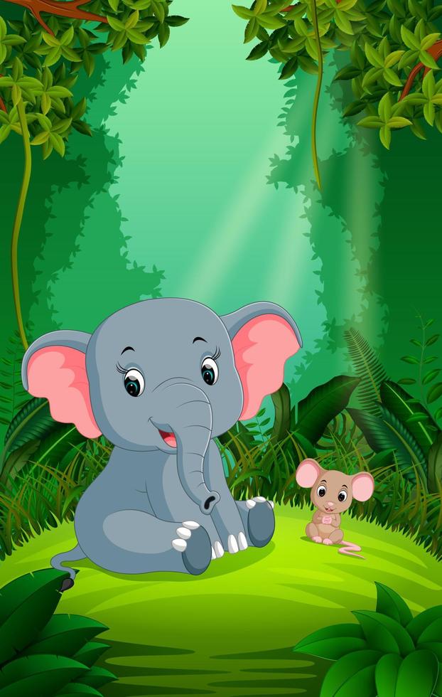 elefant och mus i den klara och gröna skogen vektor