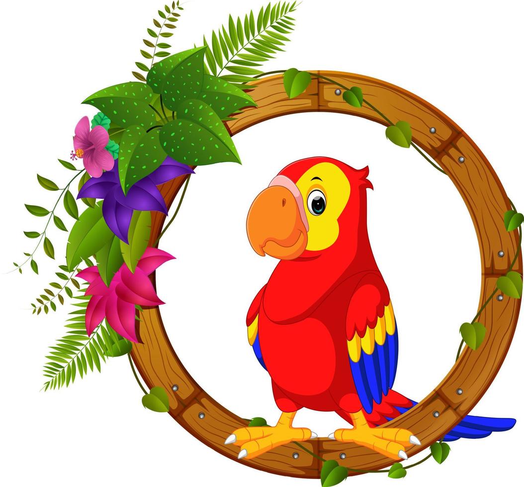 Papagei auf rundem Holzrahmen mit Blume vektor