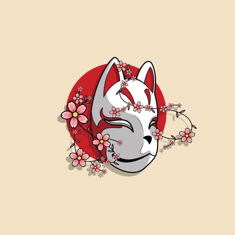 japansk kitsune mask med sakura blomma, vektor illustration eps.10