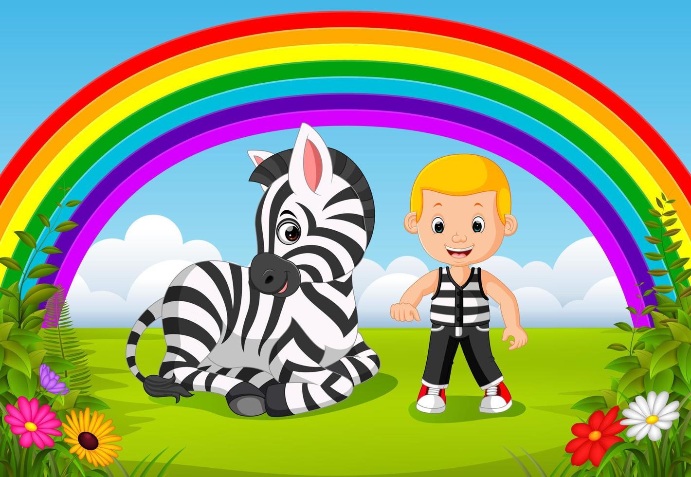süßer junge und zebra im park mit regenbogenszene vektor