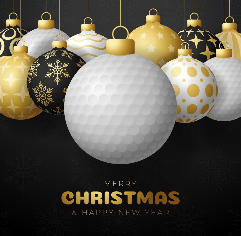 Golf-Weihnachtsverkaufsbanner. frohe weihnachten sportgrußkartenset. Hängen Sie an einem Thread-Golfball als Weihnachtskugel und goldener Christbaumkugel auf schwarzem horizontalem Hintergrund. Sport-Vektor-Illustration. vektor