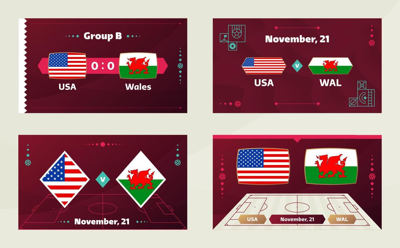 Spiel USA gegen Wales. Fußballweltmeisterschaft 2022 gegen Mannschaften auf dem Fußballplatz. Intro-Sporthintergrund, Endplakat des Meisterschaftswettbewerbs, flache Vektorillustration vektor