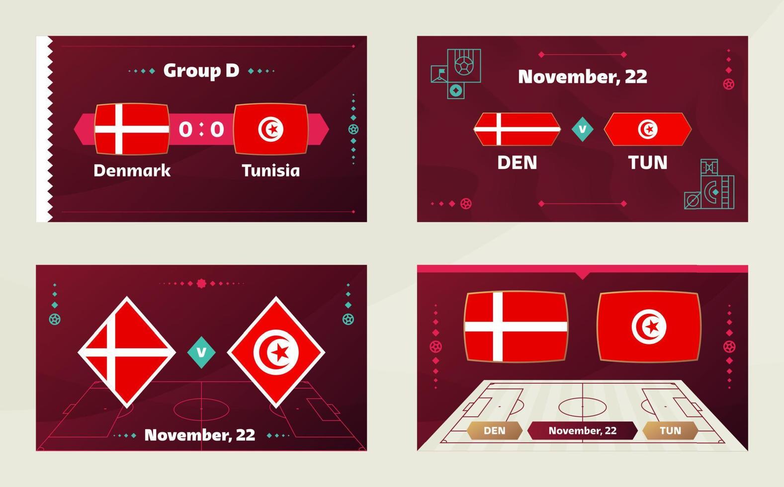 danmark vs tunisien, fotboll 2022, grupp d. världsfotbollstävling mästerskap match kontra lag intro sport bakgrund, mästerskap konkurrens sista affisch, vektorillustration. vektor