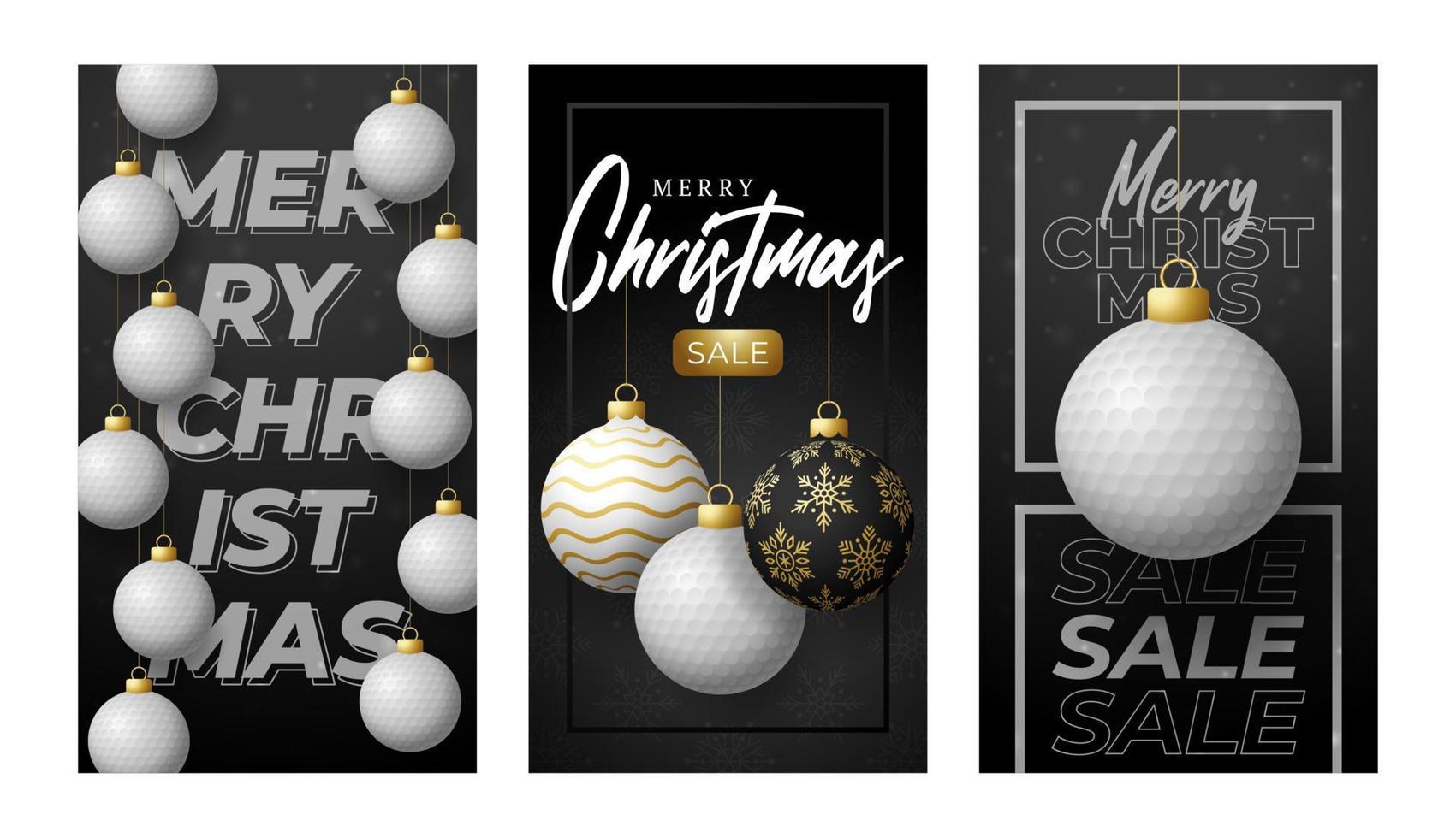 Golf-Weihnachtsverkaufsbanner. frohe weihnachten sportgrußkartenset. Hängen Sie an einem Thread-Golfball als Weihnachtskugel und goldener Christbaumkugel auf schwarzem horizontalem Hintergrund. Sport-Vektor-Illustration. vektor