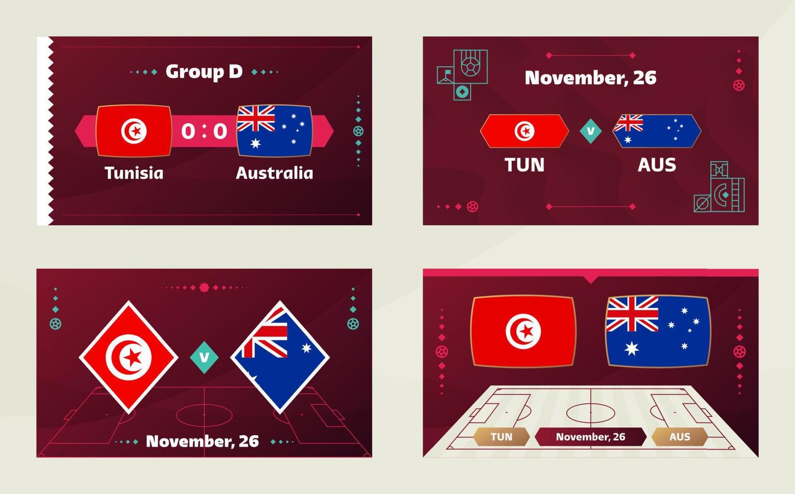 tunesien vs australien spiel. Fußballweltmeisterschaft 2022 gegen Mannschaften auf dem Fußballplatz. Intro-Sporthintergrund, Endplakat des Meisterschaftswettbewerbs, flache Vektorillustration vektor