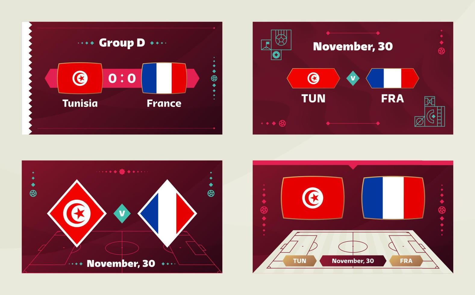 tunesien vs frankreich, fußball 2022, gruppe d. Weltfußball-Meisterschaftsspiel gegen Team-Intro-Sporthintergrund, Endplakat des Meisterschaftswettbewerbs, Vektorillustration. vektor