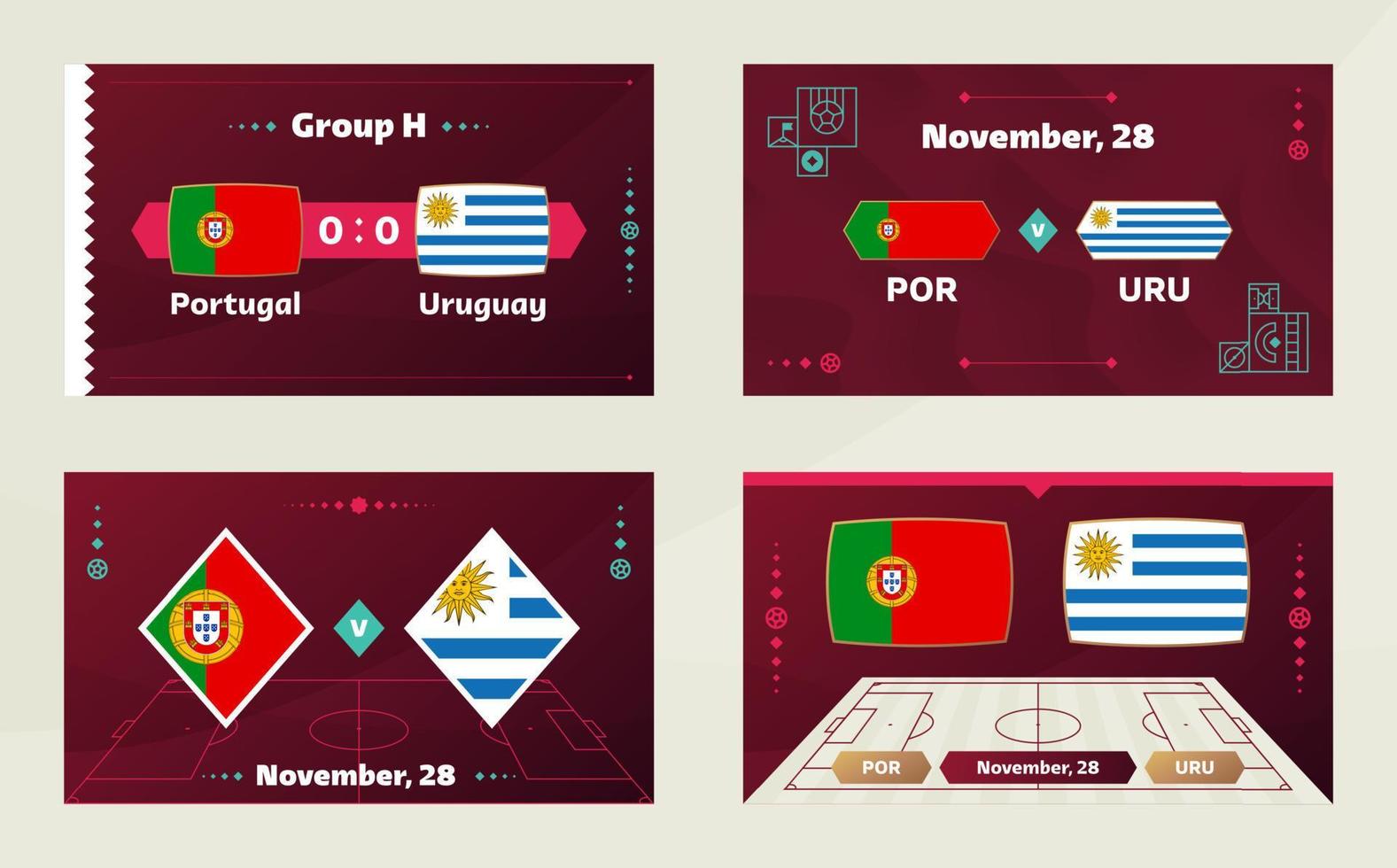 portugal vs uruguay, fotboll 2022, grupp h. världsfotbollstävling mästerskap match kontra lag intro sport bakgrund, mästerskap konkurrens sista affisch, vektorillustration. vektor