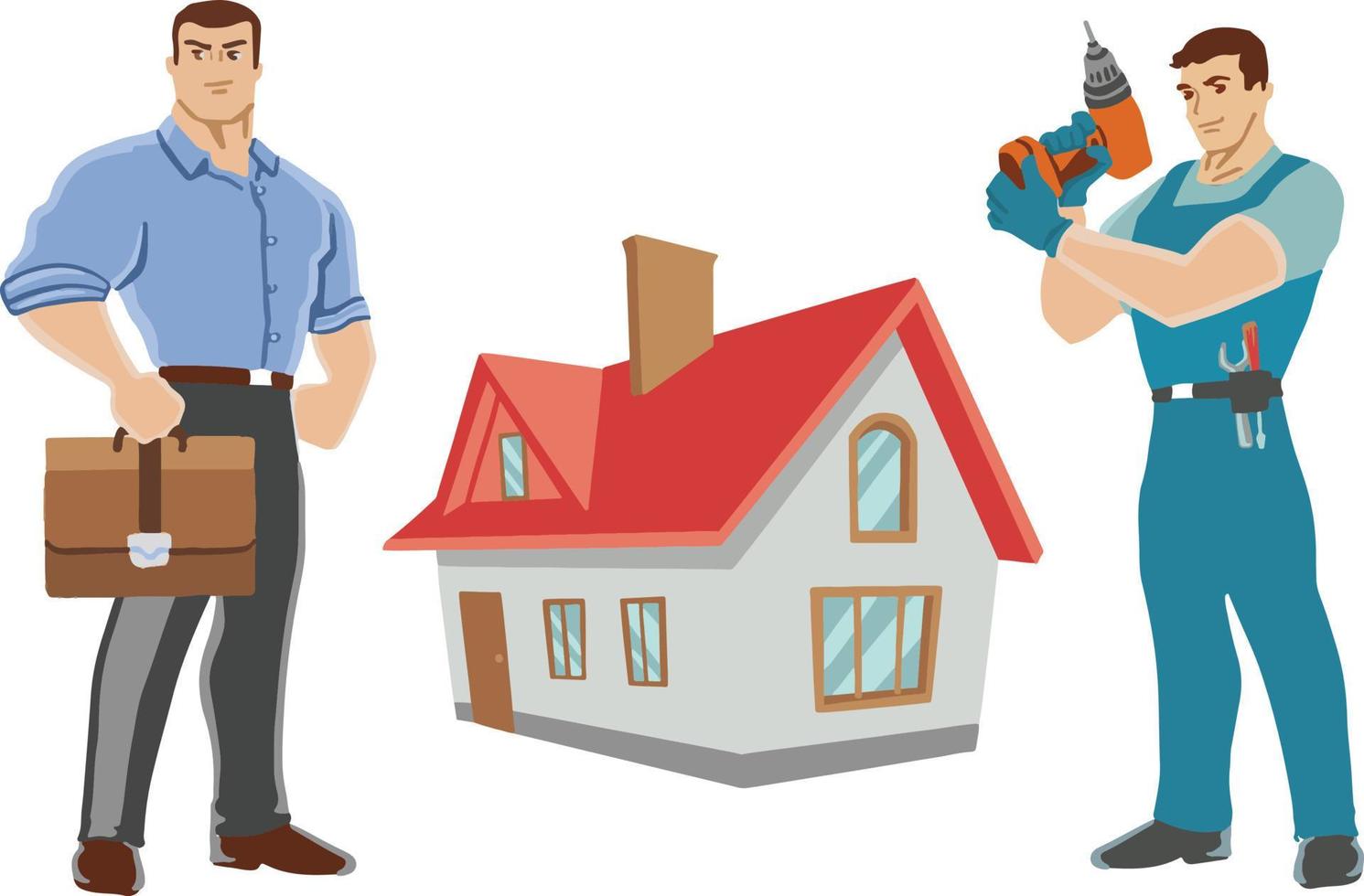 Hauskauf mit schlüsselfertiger Sanierung, Vorarbeiter und Makler vektor