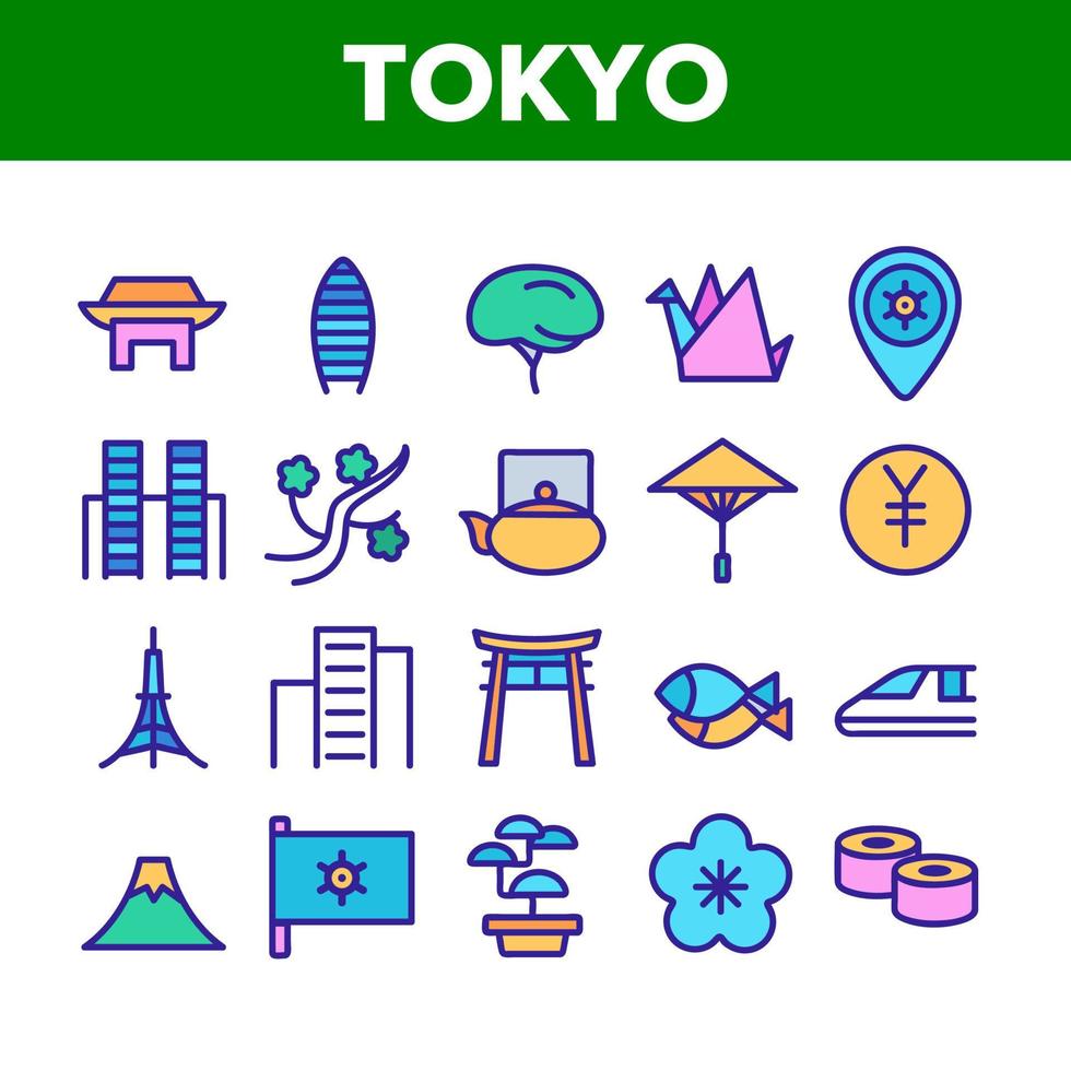 tokyo samling nation element ikoner set vektor