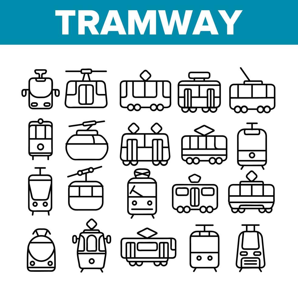 spårväg, stadstrafik tunn linje ikoner set vektor