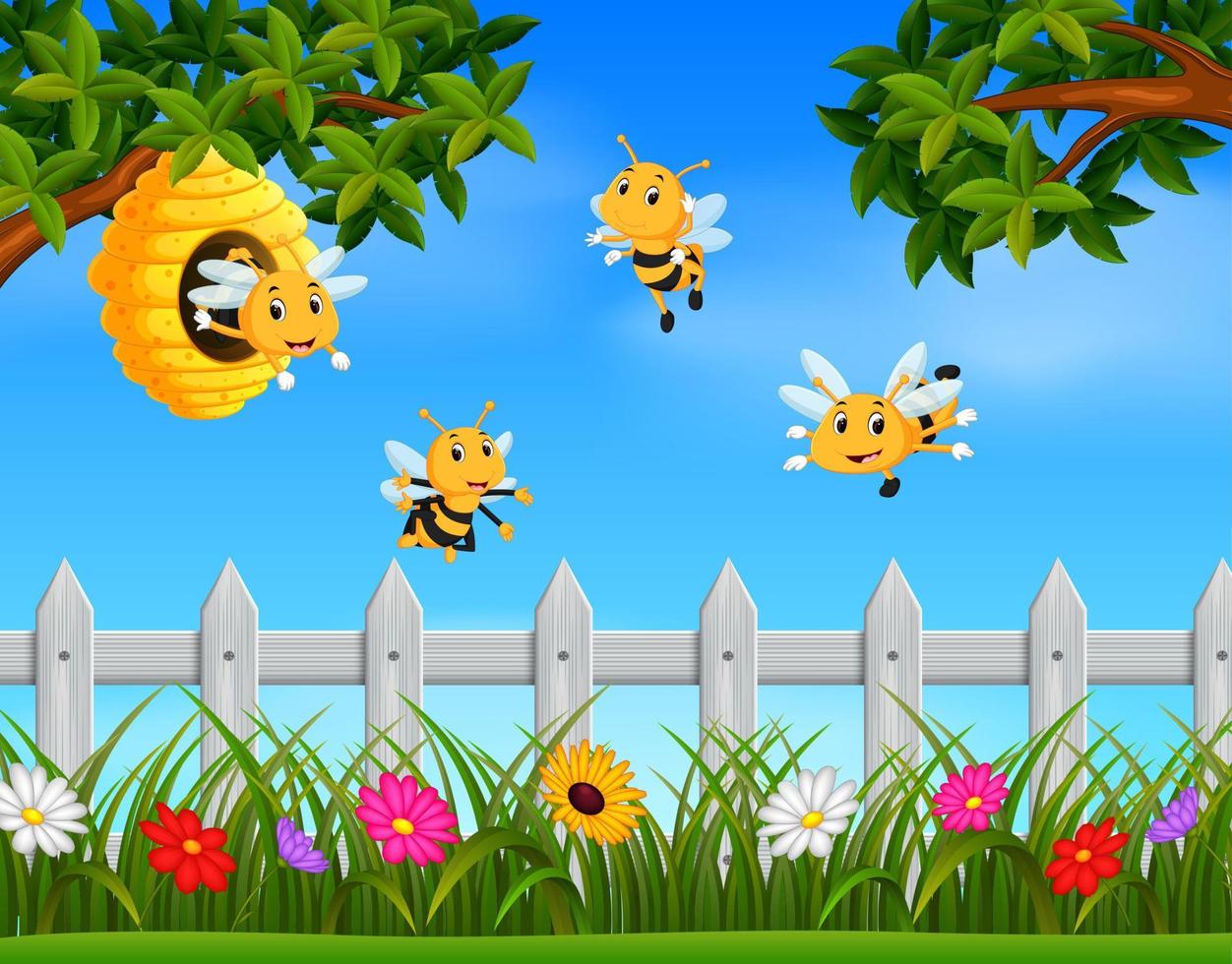 Illustration einer Biene, die um einen Bienenstock im Garten fliegt vektor