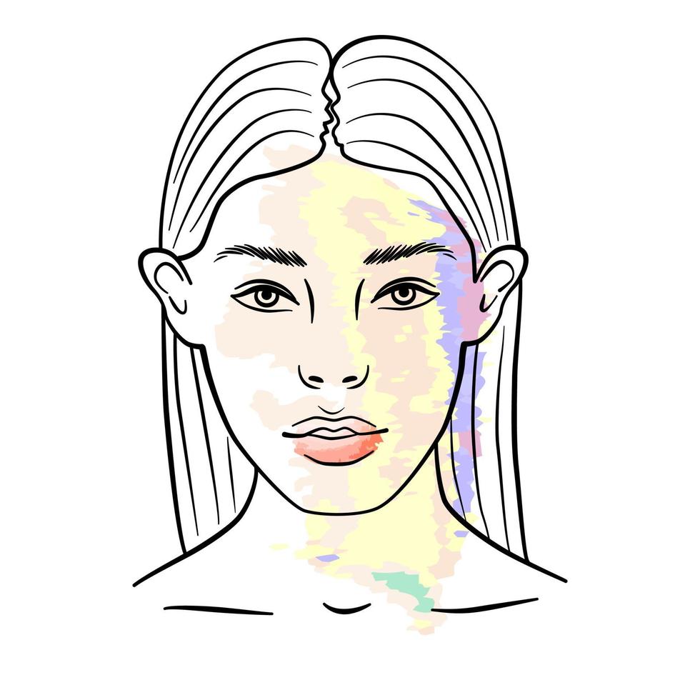 schöne junge Frau mit glattem Haar. abstraktes weibliches Porträt im linearen Stil mit pastellfarbenen Merkmalen. Social-Media-Avatar. vektor
