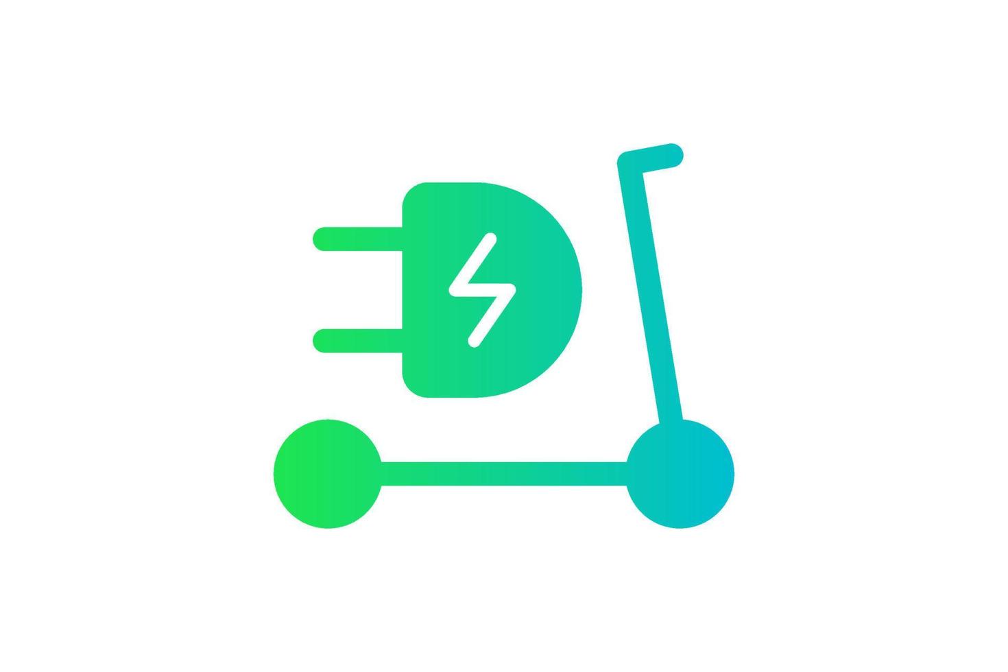 elektrisk push skoter ikon. grön lutning kabel elektrisk spark e-scooter och plug laddning symbol. miljövänligt logotypkoncept för elektrofordon. vektor batteridriven ev transport illustration