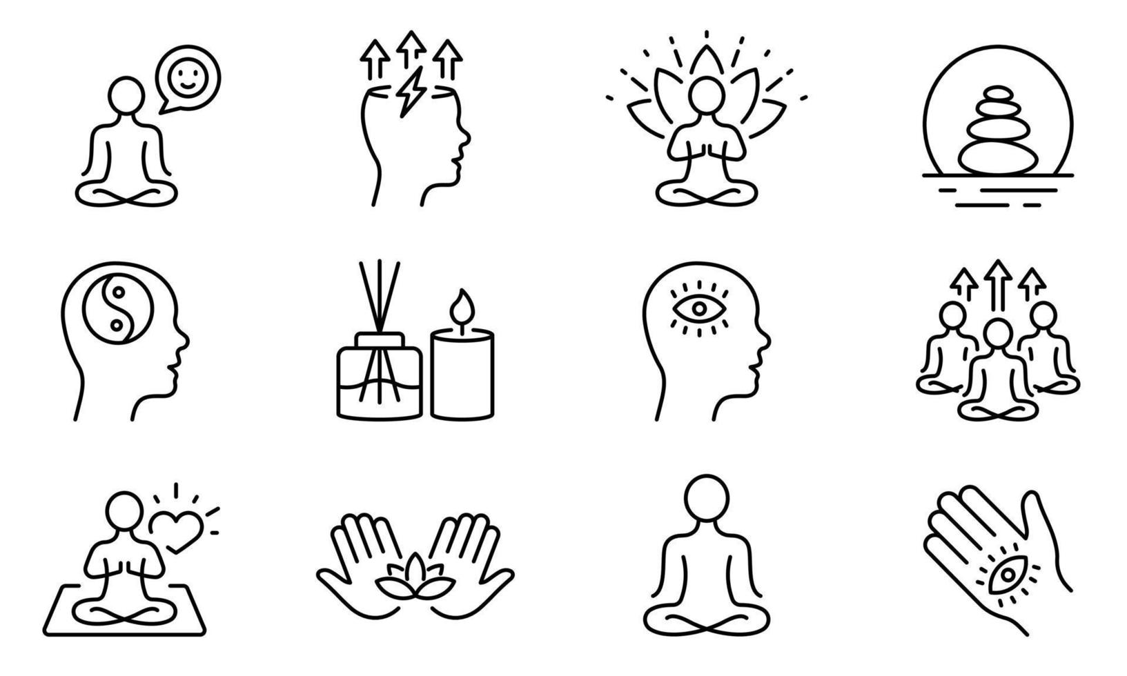 Yoga in Lotus-Pose Harmonie-Linie-Icon-Set. Lineares Piktogramm der spirituellen Energie. Meditation entspannen Gleichgewicht Aromatherapie Gliederungssymbol. Khamsa-Zen-Gehirn. editierbarer Strich. isolierte vektorillustration. vektor