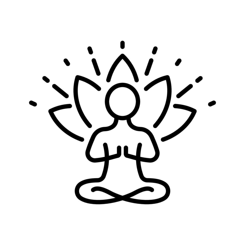 yoga person i pose lotus linje ikon. andlig energi meditation slappna av linjärt piktogram. meditera avslappning asana träning konturikon. zen wellness. redigerbar linje. isolerade vektor illustration.