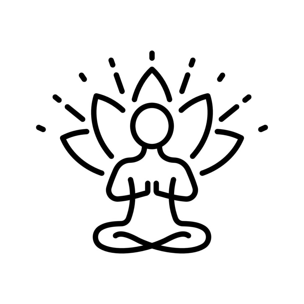 Yoga-Person in Pose Lotus-Liniensymbol. spirituelle Energiemeditation entspannt lineares Piktogramm. meditieren Sie das Symbol für die Gliederung der Asana-Übung. Zen-Wellness. editierbarer Strich. isolierte Vektorillustration. vektor