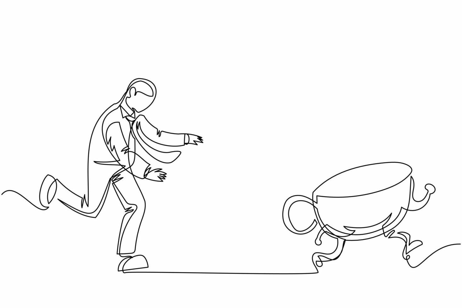 einzelne strichzeichnung geschäftsmann laufen jagen versuchen, kaffeetasse zu fangen. konzept von durstig, trinken, nehmen, zeit, sprechen. Geschäftsmetapher. ununterbrochene Linie zeichnen grafische Vektorillustration des Designs vektor