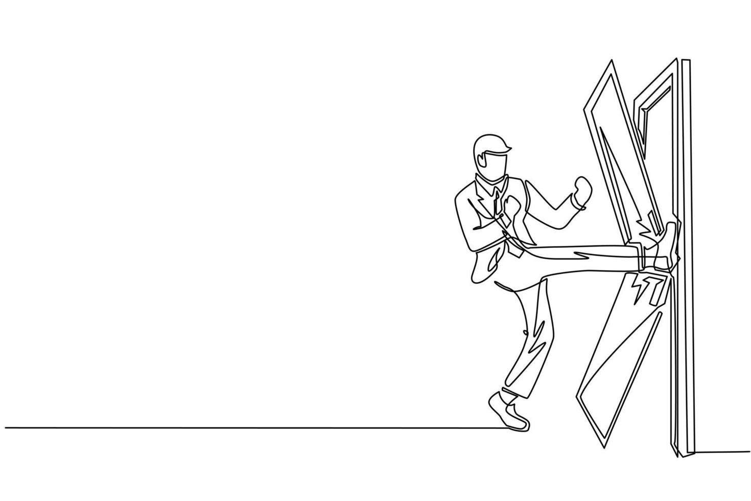 enda kontinuerlig linjeritning affärsman sparkar dörren tills dörren splittras. man sparkar låst dörr och förstör. affärsidé för att övervinna hinder. en rad rita design vektorillustration vektor