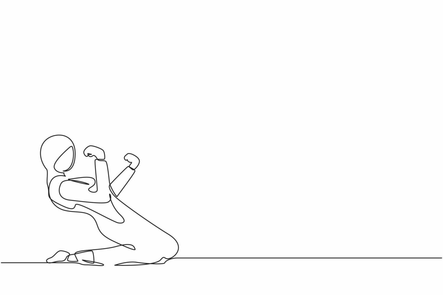 einzelne durchgehende linie zeichnet glückliche arabische geschäftsfrau, die mit feiernder zielpose kniet. büroangestellte feiern den erfolg des finanzprojekts des unternehmens. einzeilige Grafikdesign-Vektorillustration vektor