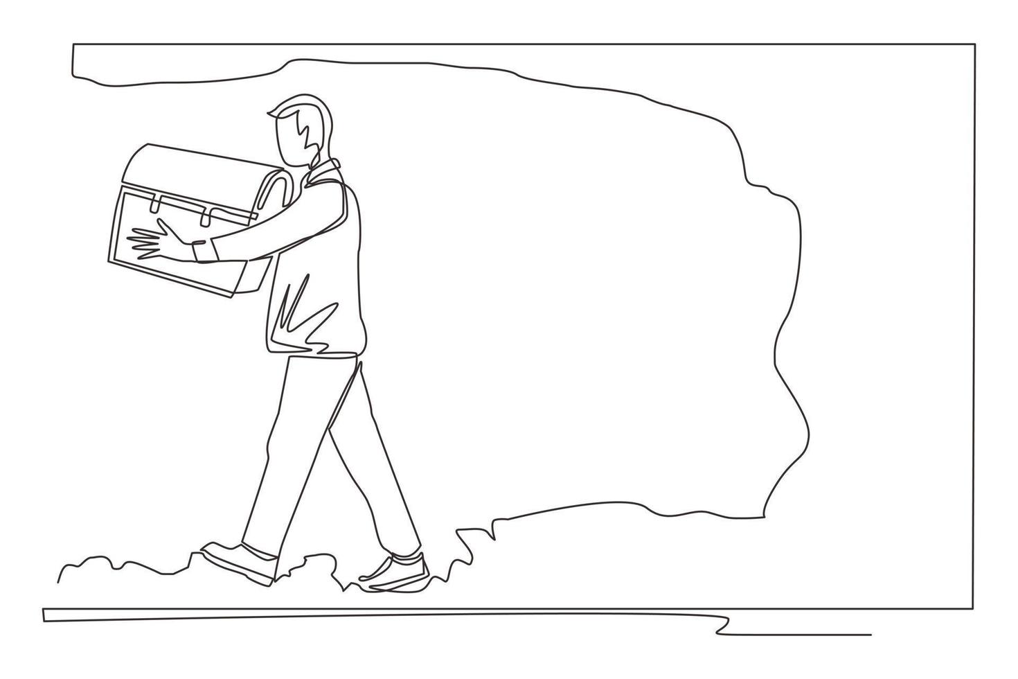 enda en rad ritning affärsman som bär skattkista från tunnelbanan. skattgräva, tillväxt rikedom koncept lycklig rik man, hårt arbetande process. kontinuerlig linje rita design grafisk vektor