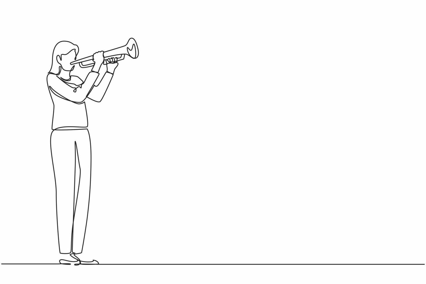 enda en rad ritning kvinna spelar trumpet. musik instrumental. jazzmusiker spelar trumpetinstrument. trumpetare. orkesterutövare. musikföreställning. kontinuerlig linje rita design vektor