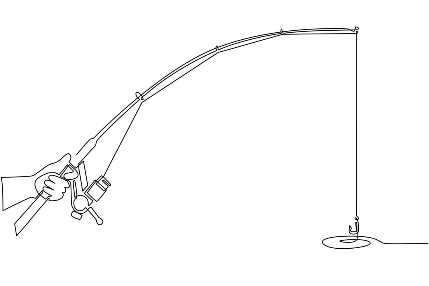 durchgehende einzeilige zeichnung fischerhand mit angelrute. fischer hält angelrute mit rolle in den händen, spinnruten. Angelrute hautnah. einzeiliges zeichnen design vektorillustration vektor