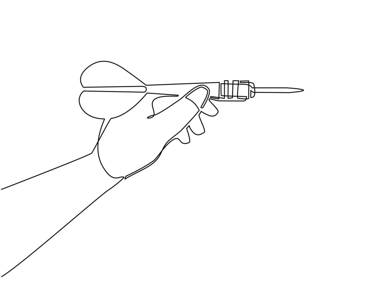 en rad ritning kvinnlig hand tar försiktigt liten pil för sport dart spel med fingrarna och syftar till exakt mål kasta. modern kontinuerlig linje rita design grafisk vektorillustration vektor