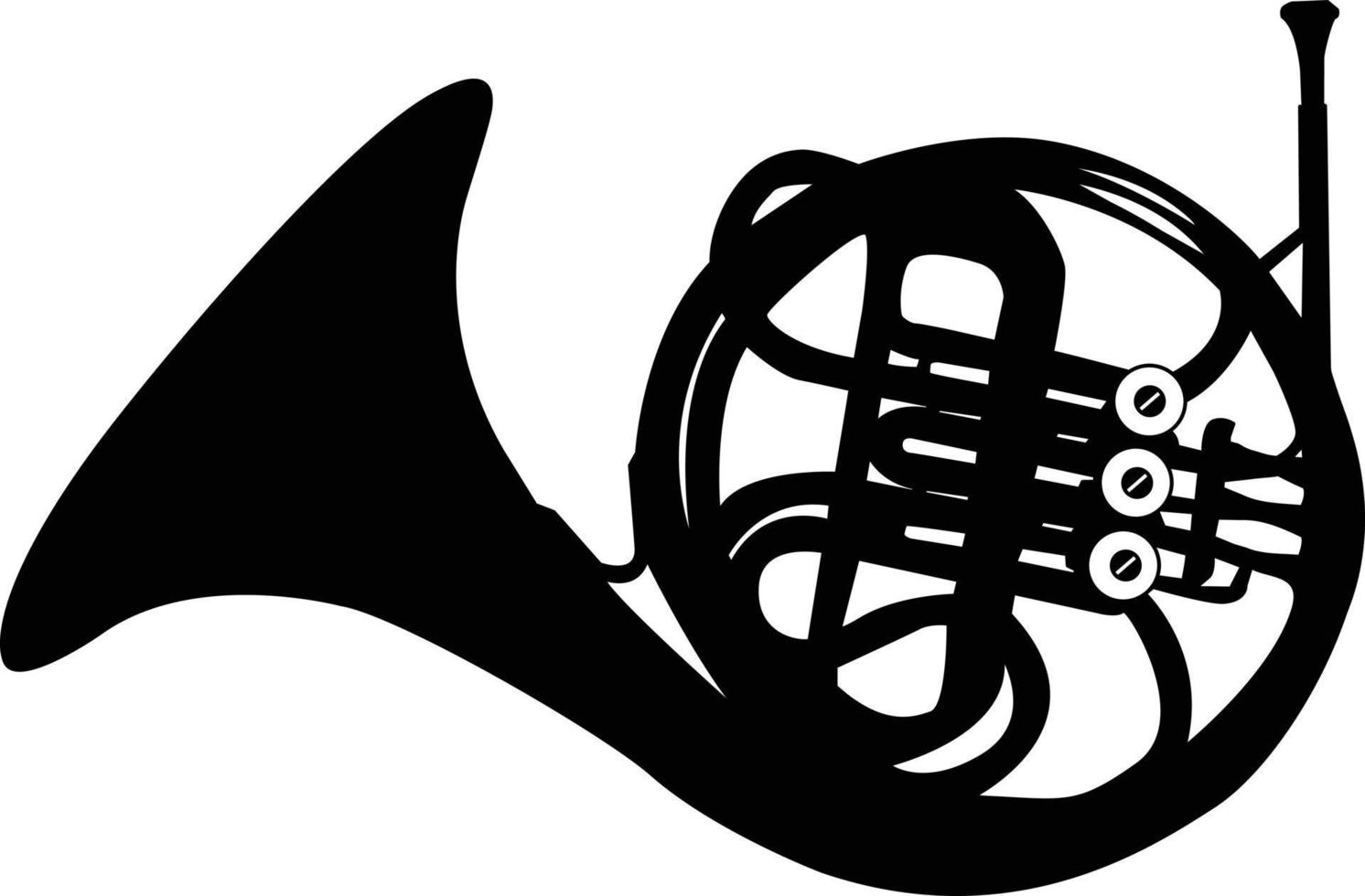 Waldhorn schwarz auf weißem Hintergrund. musik waldhorn zeichen. flacher Stil. vektor